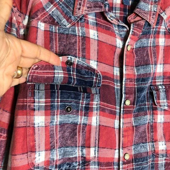Lucky Brand Washed & Worn Cotton Red White Blue Pearl Snap Plaid Shirt L - Picture 5 of 15